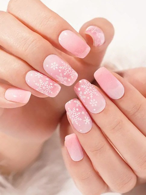 Ružové gélové vianočné nechty Flowflake Kiss s bielymi vločkami,